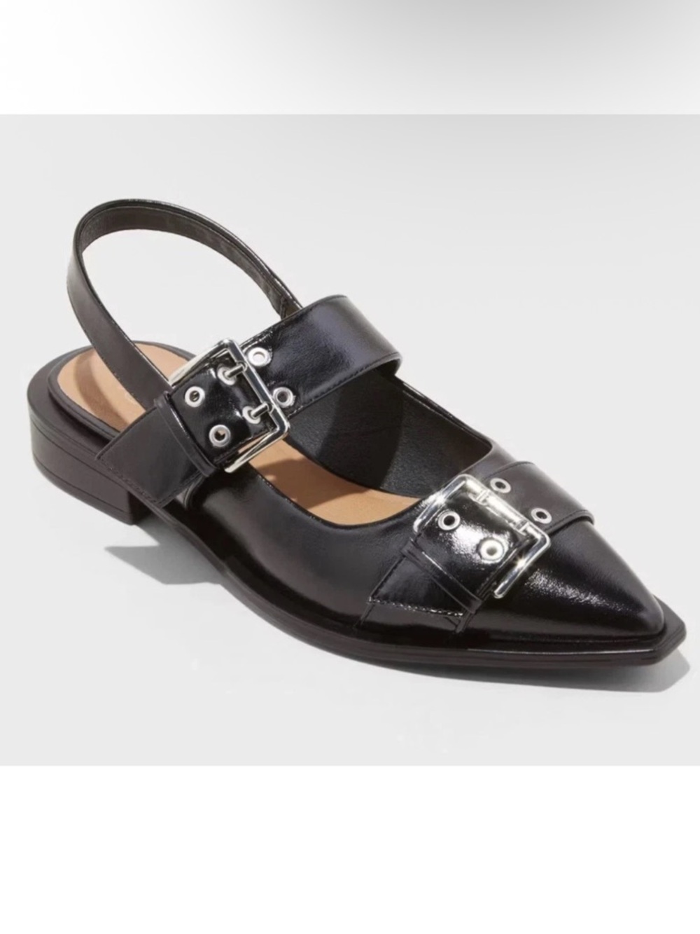 NWT Black Buckle Pointed Toe Slingback Flats Chic Edgy 7.5